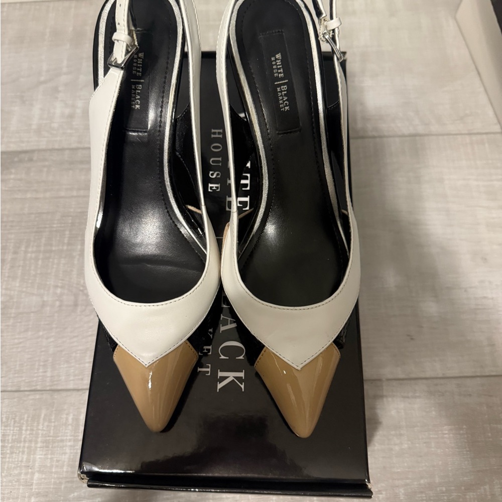 White House Black Market Toulon Black White Tan Heels